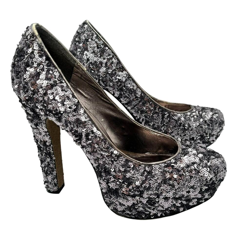 STEVE MADDEN Women's 10 Silver Sequin Platform Ultra High Pinup‎ Heels P-Rebaa
